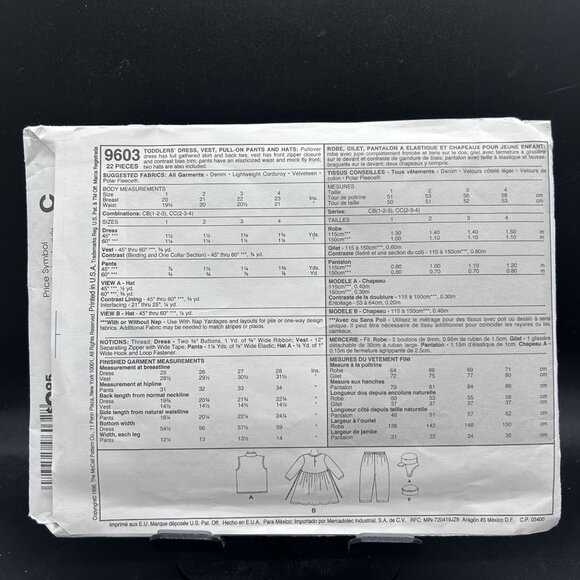 McCall's 9603 “Dress,Vest,Pull-On Pants & Hat” (2-3-4) Sewing Pattern Uncut FF - Picture 2 of 5